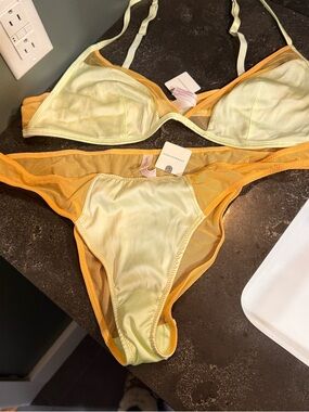 Cupio Yellow and Cream Mesh Triangle Bra & Brief Set